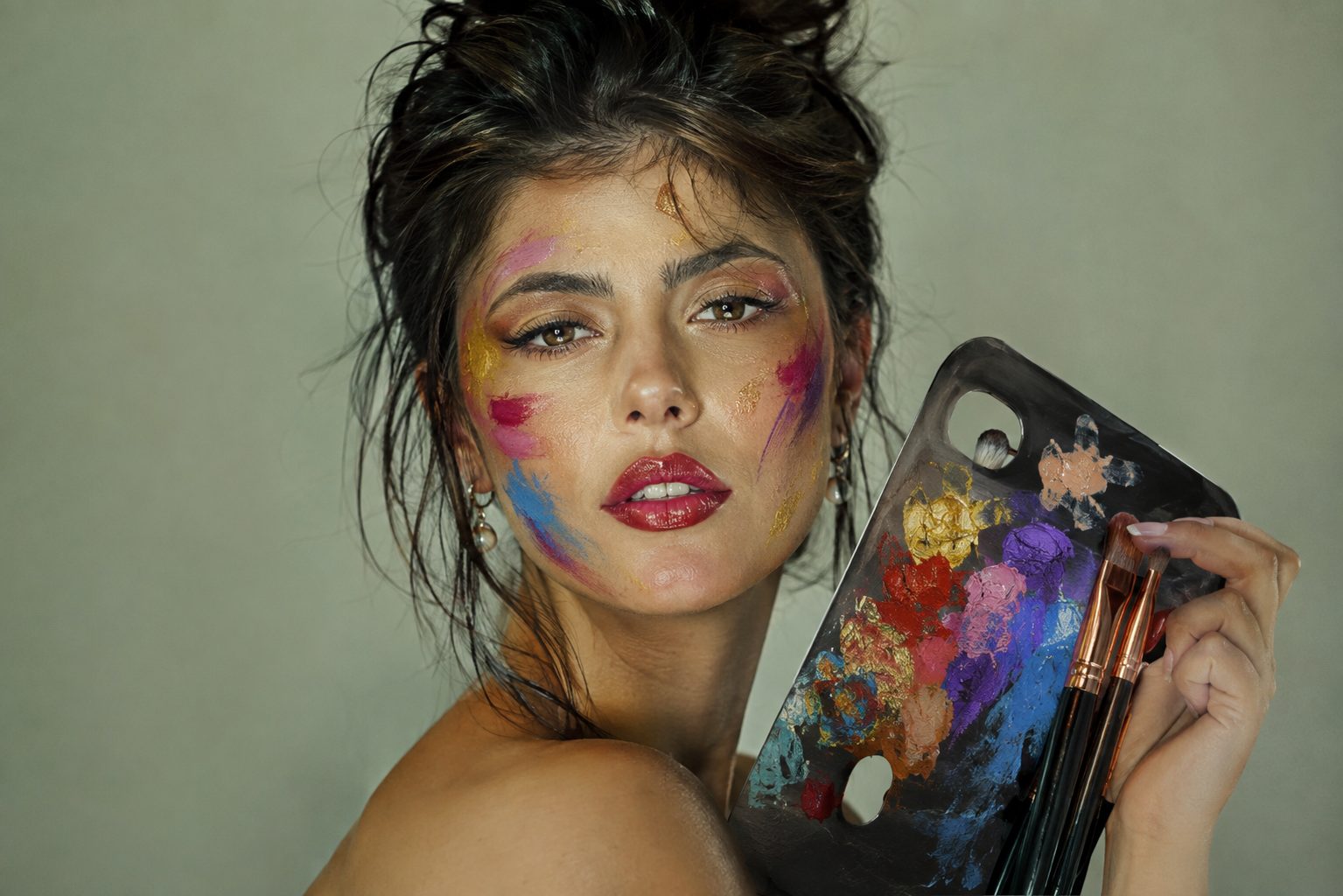 Maquillaje artístico profesional con paleta de colores